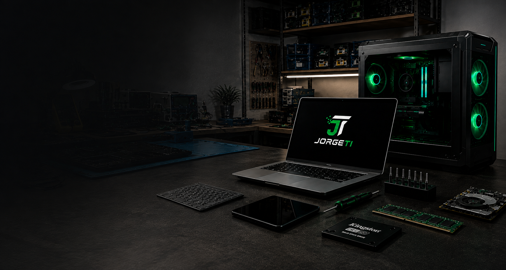 Bancada de assistência técnica Jorge TI, com notebook, gabinete gamer e ferramentas de manutenção